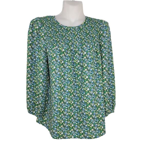 Pleione Women's Top Small Green Floral Smocked Keyhole Neck 3/4 Sleeve Blouse - Picture 1 of 10